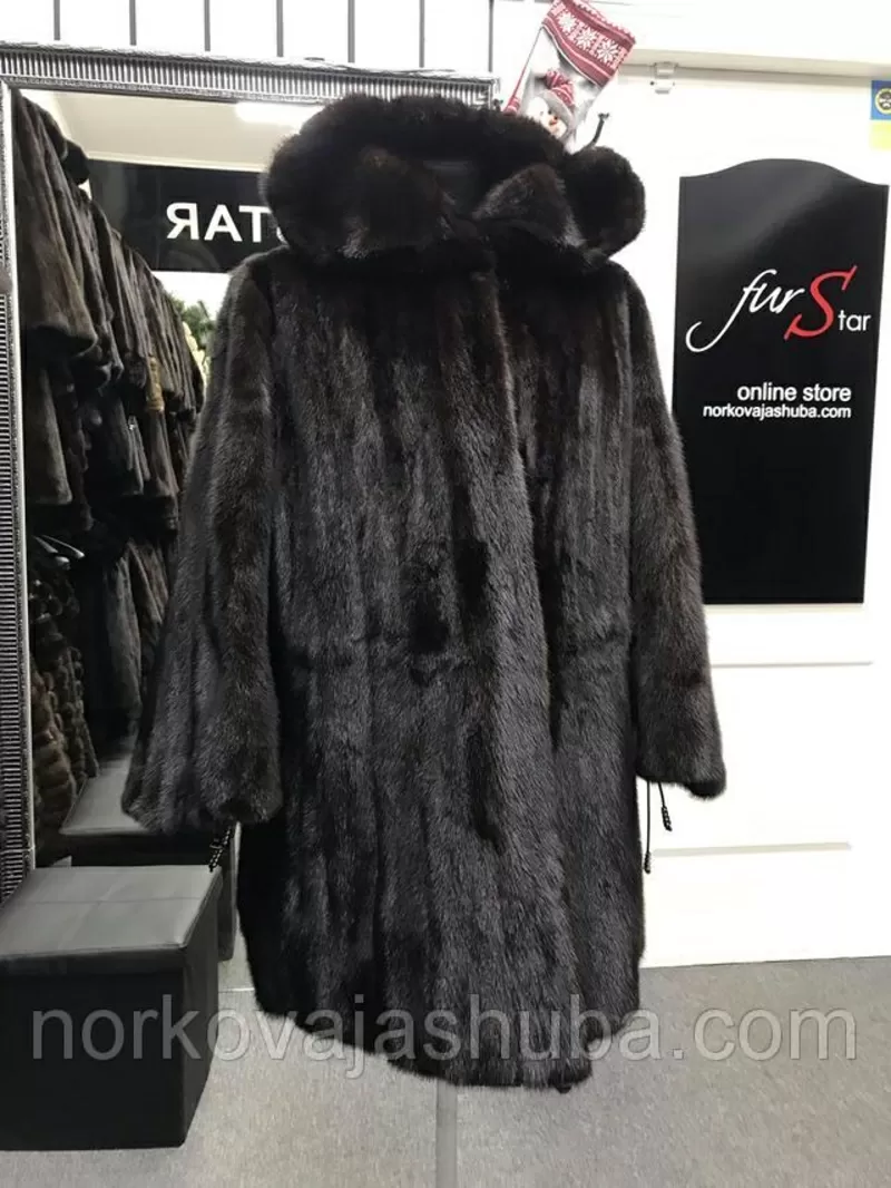 Купить норковую шубу с капюшоном большого размера 52 54 5